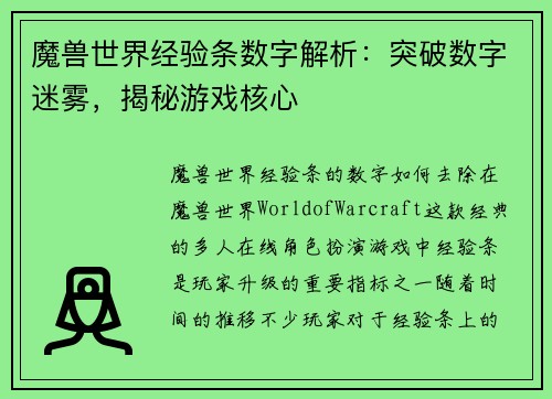 魔兽世界经验条数字解析：突破数字迷雾，揭秘游戏核心